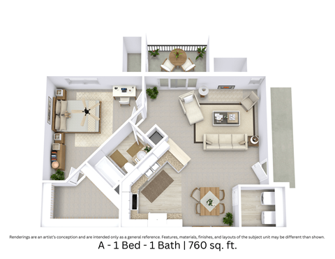 This is a 3D-floor plan providing a detailed, angled view of the space with room layouts, furniture placement, and spatial flow. Features 1 bedroom, 1 bathroom, and approximately 760 Sq. Ft.